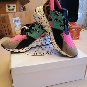 Steve Madden Pink and Green Sneakers with Leopard Accents